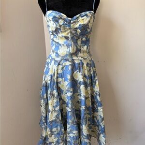 Blue and Cream Pleated Sundress with Sweetheart Neckline